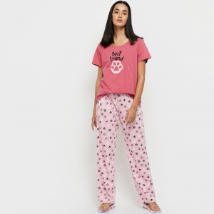 Women Mauve & Black Printed Night suit